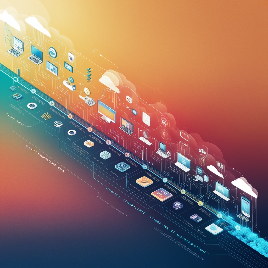 A visually striking illustration depicting the timeline of digitalization, spanning from the early computing era to the present day, conveyed through a series of interconnected icons, symbols, and abstract representations, set against a gradient background transitioning from a warm, nostalgic orange to a vibrant, electric blue, evoking a sense of progress and innovation, with geometric shapes, circuits, and wires merging with clouds, smartphones, and other modern technologies, forming a dynamic, layered composition that showcases the rapid evolution of digital media, with subtle, gradient-like color shifts and texture variations adding depth and visual interest, inviting the viewer to explore the intricate narrative of digitalization unfolding before their eyes.