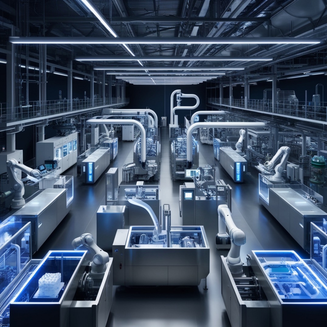 Depict a futuristic factory scene showcasing digitalization in the industry, with sleek, modern machinery and equipment illuminated by soft, blue LED lights, set against a dark background to emphasize the contrast between old and new. The image should capture the entire plant's facility, with various sections and departments visible, such as production lines, quality control areas, and research and development zones. Include robotic arms, 3D printers, and other cutting-edge technologies seamlessly integrated into the workflow. The atmosphere should convey a sense of innovation, efficiency, and precision. Avoid including people, text, or logos, and focus on the clean lines, metallic surfaces, and dynamic shapes of the machines and equipment, showcasing the digital transformation of the industry.