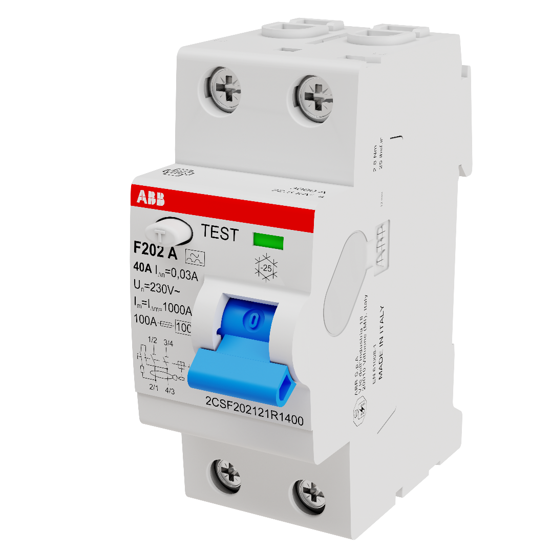 A white electrical device with a blue and red label Description automatically generated